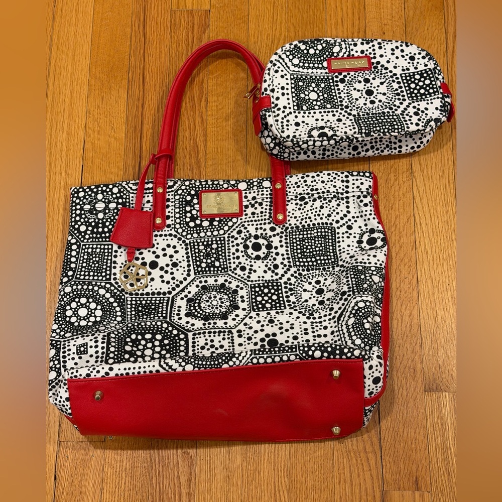 Set of Trina Turk White Canvas Red and Black Patterned Tote and makeup bag